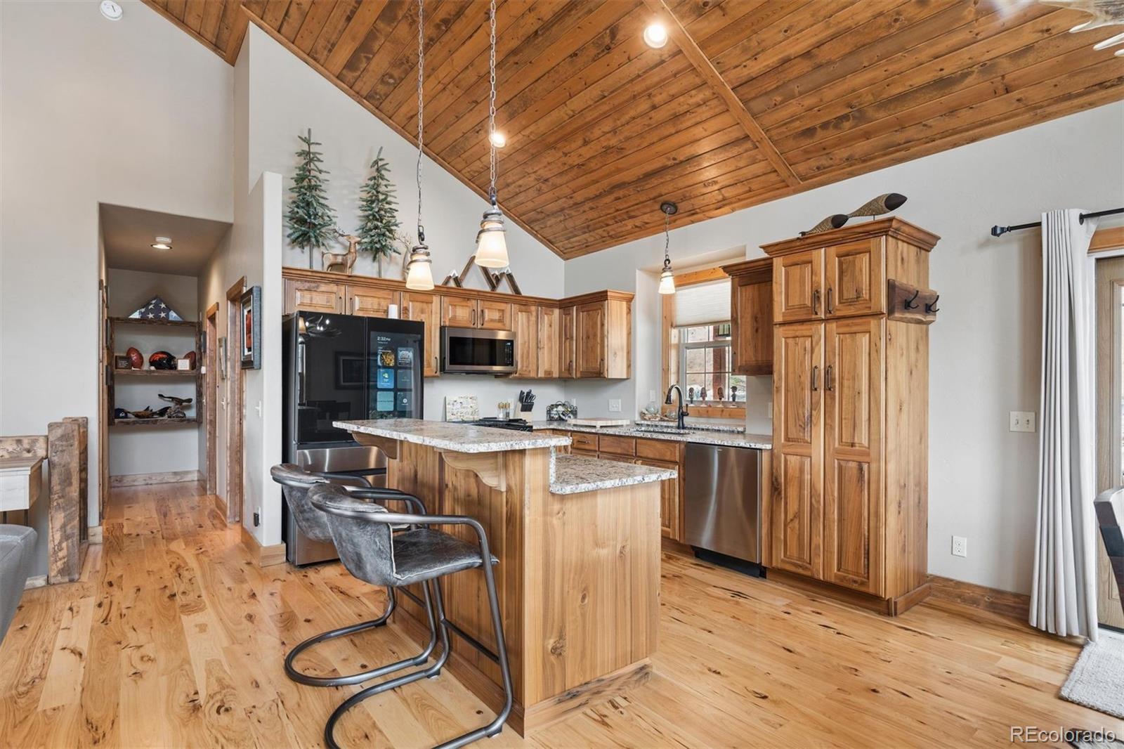 2894 County Road 43 Bailey, CO 80421 - Photo 12 of 40 a kitchen with stainless steel appliances granite countertop a refrigerator and wooden cabinets