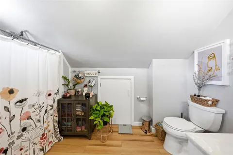 a bathroom with a toilet and shower curtain