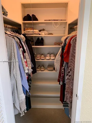 a view of walk in closet with clothes and shoes