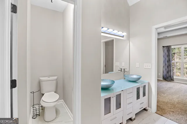 a bathroom with a toilet a sink and a mirror