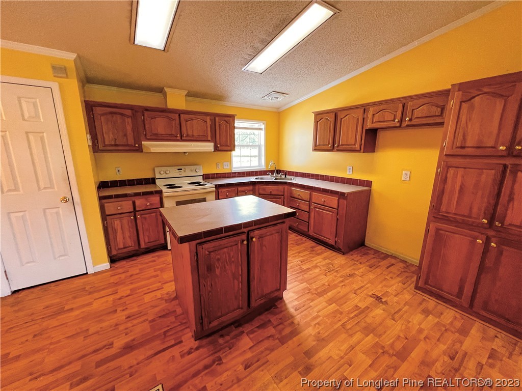 74 Decker Road St. Pauls, NC 28384 - Photo 28 of 46 a kitchen with stainless steel appliances granite countertop wooden floors and wooden cabinets