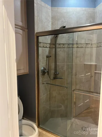 a bathroom with a shower and toilet