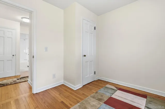 a view of a room with wooden floor and closet