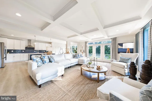 a living room with furniture potted plant and kitchen view