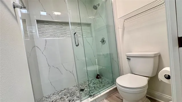 a bathroom with a shower and a toilet