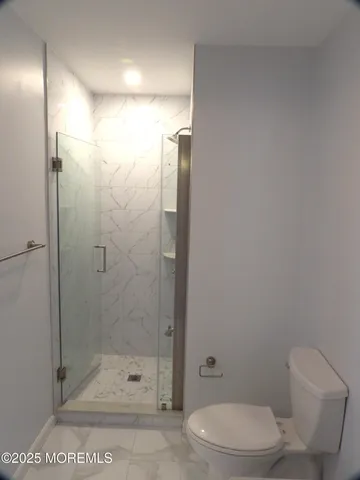 a bathroom with a shower and a toilet