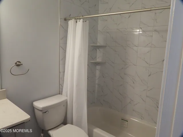 a bathroom with a shower and a toilet