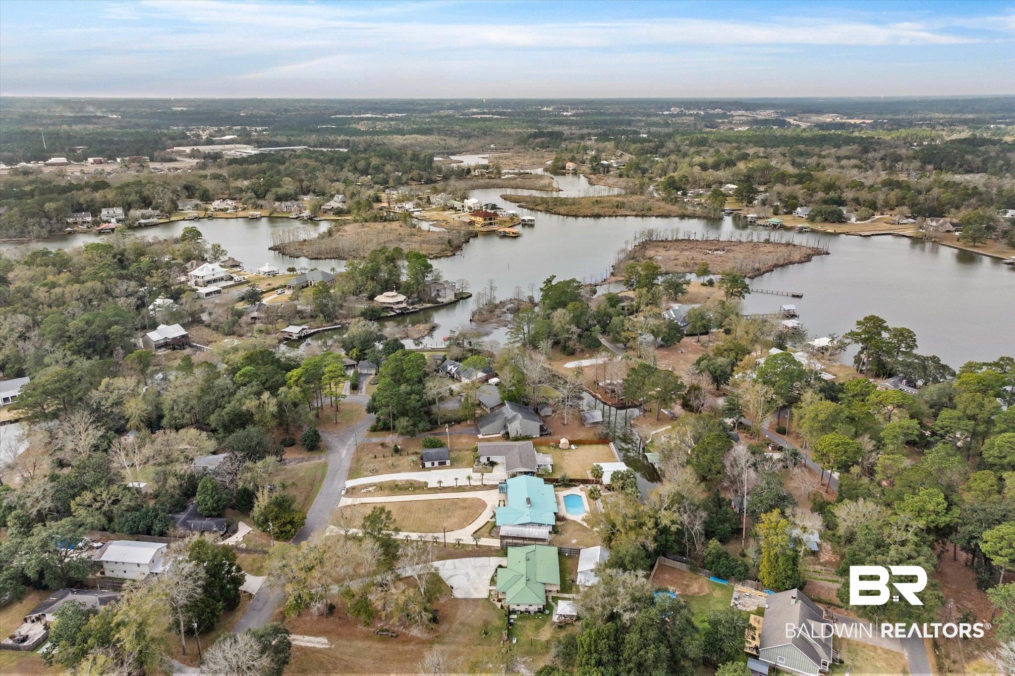 3720 Rabbit Creek Court Theodore, AL 36582 - Photo 36 of 47 Aerial view of property and surrounding area featuring a large body of water and nearby suburban area