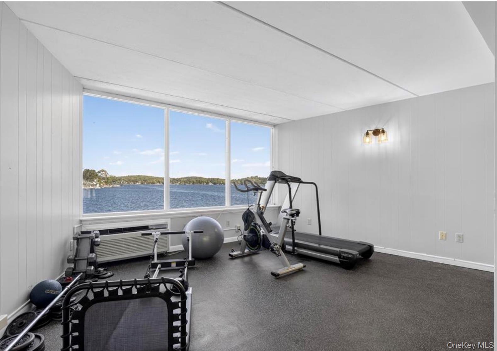 4 Marina Drive, Unit D2 Mahopac, NY 10541 - Photo 34 of 39 This versatile gym area features large windows that offer expansive water views, white paneled walls, and a durable black floor