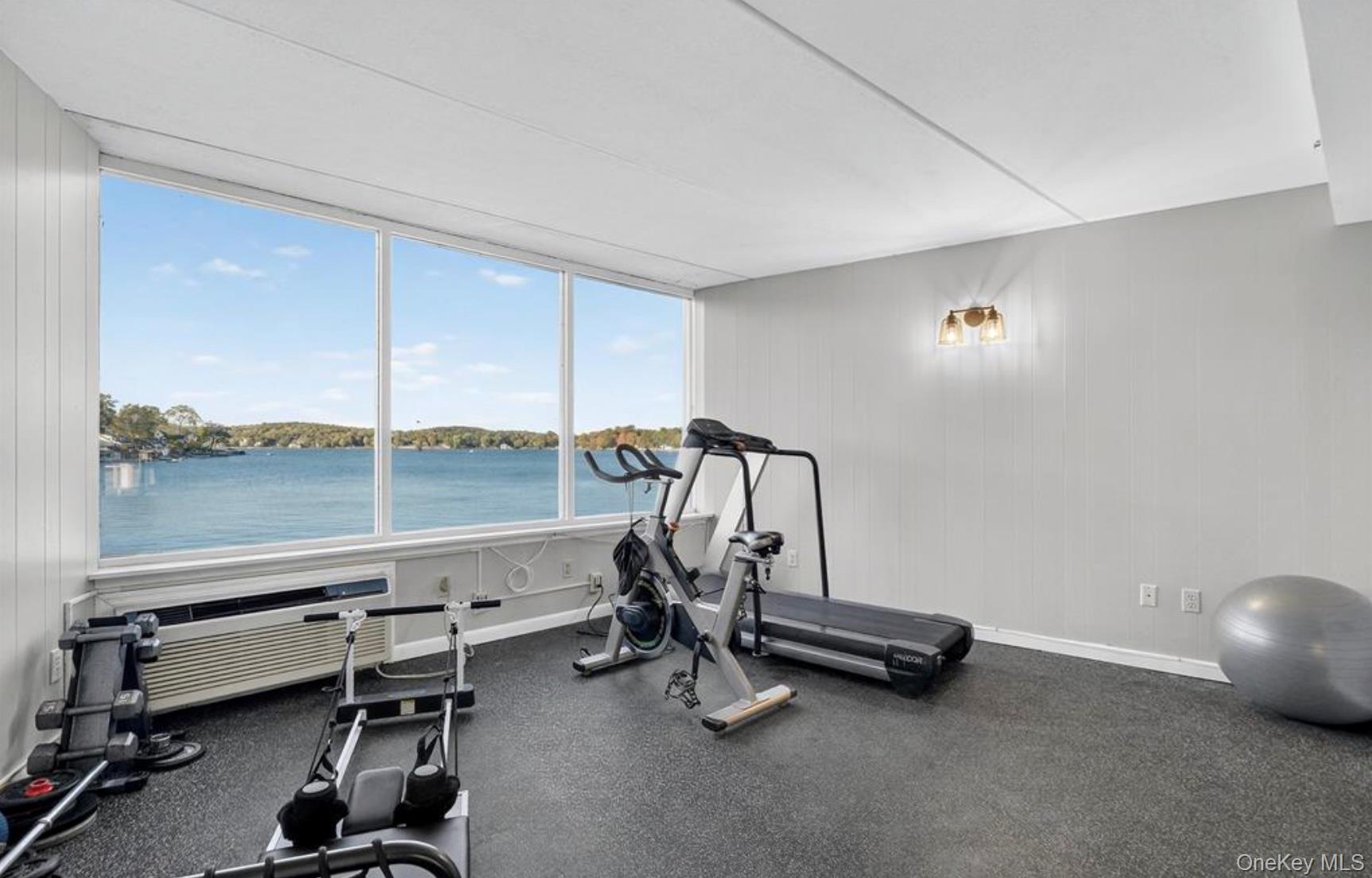 4 Marina Drive, Unit D2 Mahopac, NY 10541 - Photo 37 of 39 This versatile gym area features large windows that offer expansive water views, white paneled walls, and a durable black floor