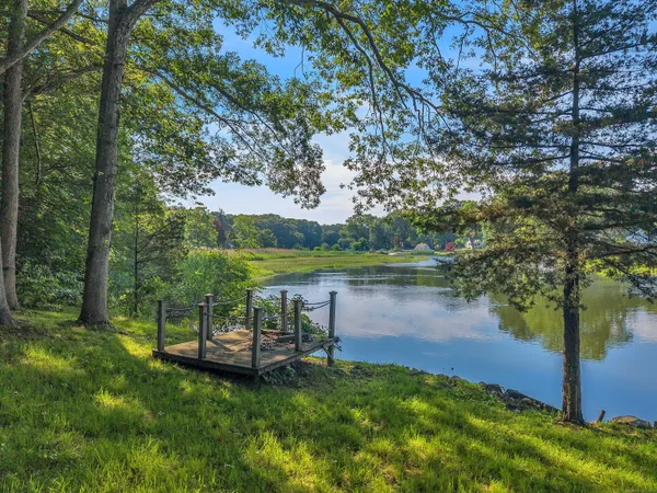a view of a lake with a yard and large trees