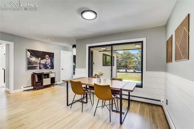 a view of a dining room with furniture window and wooden floor