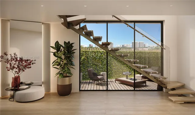 a house view with a floor to ceiling window and potted plants