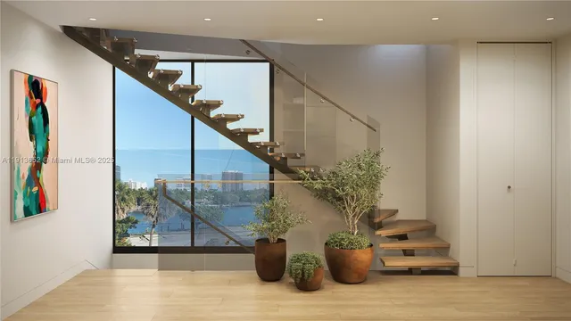 a view of staircase with lots of potted plants