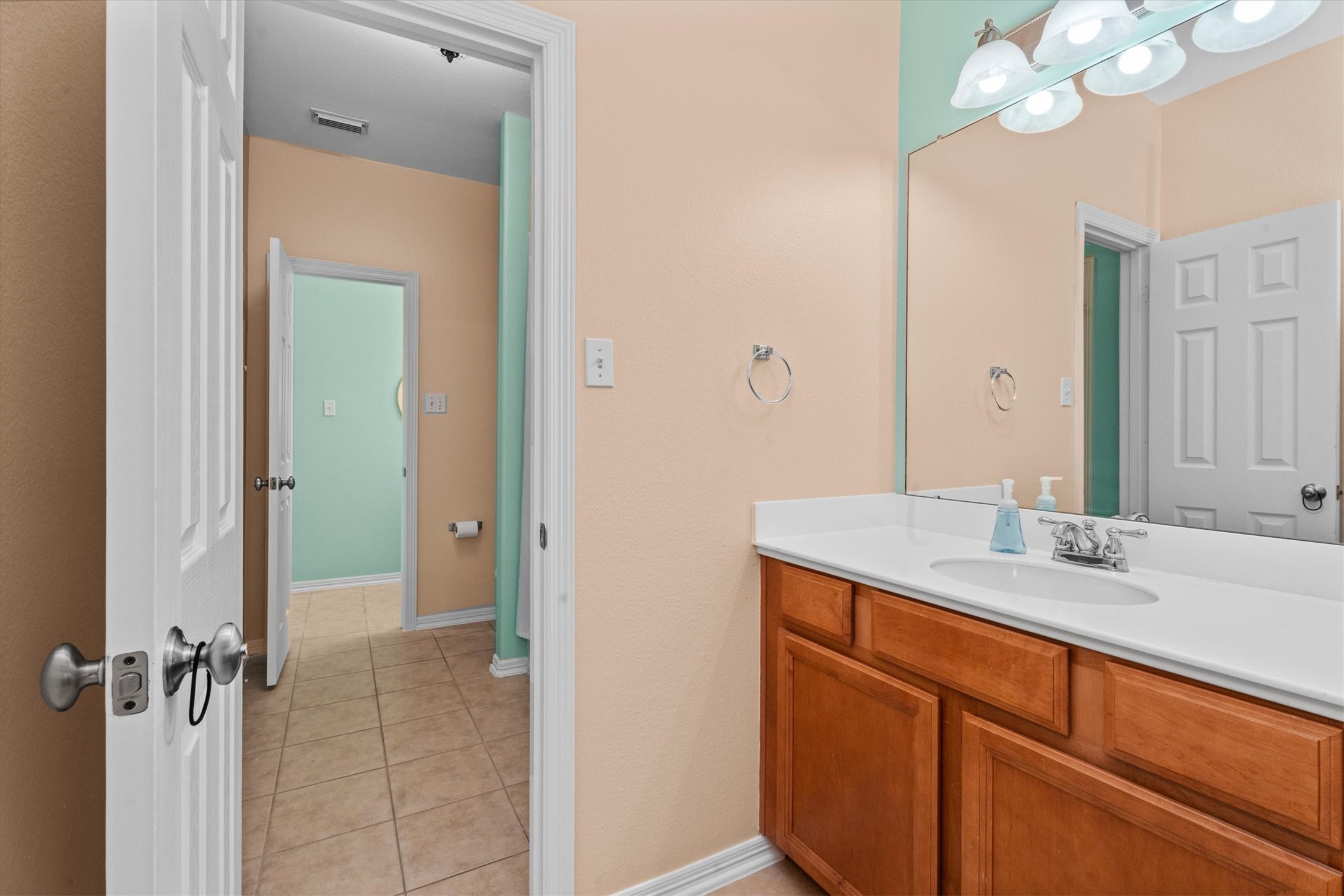 9822 Prairie Clover Lane Spring, TX 77379 - Photo 30 of 46 a bathroom with a sink a light fixture and a mirror