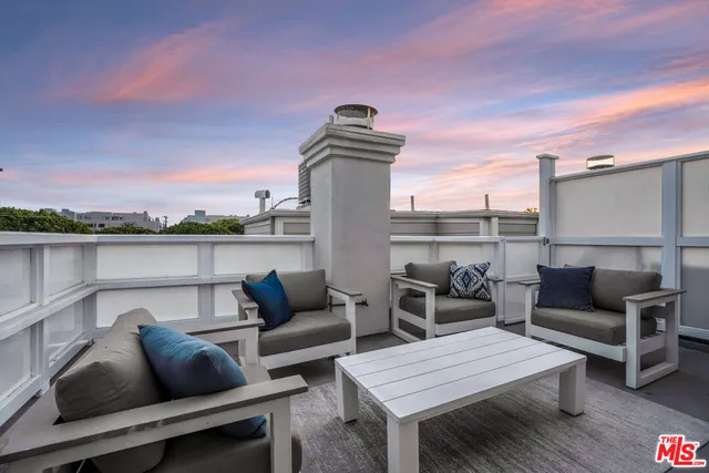 a roof deck with couch and a potted plant