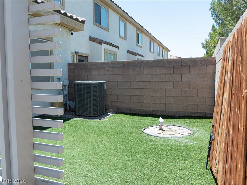 1466 Orange Jubilee Road Henderson, NV 89014 - Photo 14 of 15 A compact private yard features synthetic turf, a block wall, and a wooden fence for defined outdoor living.