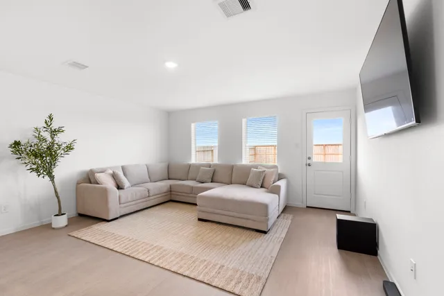 a living room with furniture and a potted plant