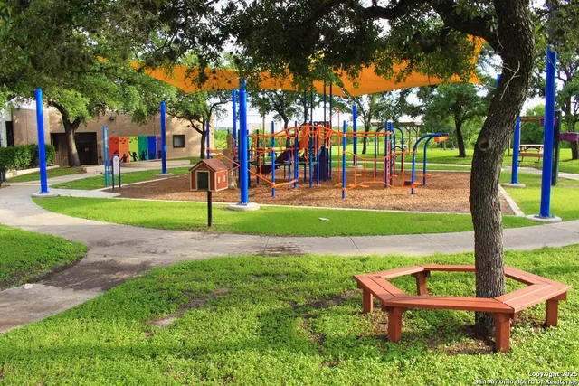 a backyard of a house with table and chairs