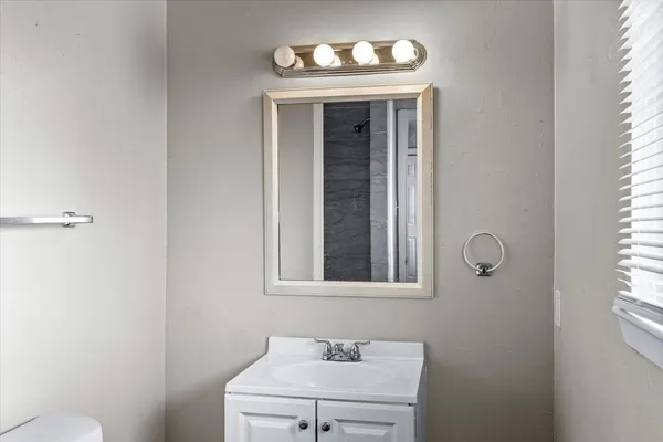 a bathroom with a sink and a mirror