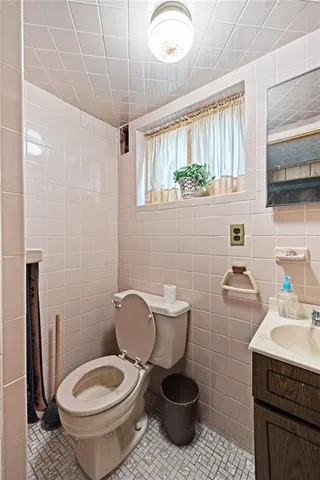 a bathroom with a toilet a sink and mirror