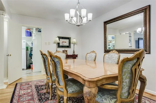 a view of a dining room with furniture