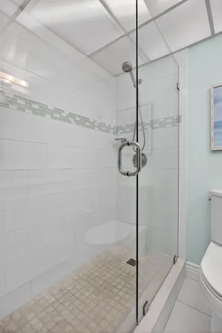 a bathroom with a shower and toilet