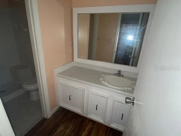 a bathroom with a sink and a mirror