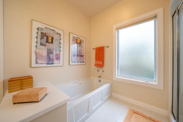 a bathroom with a bathtub and a shower