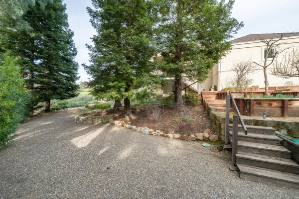 a view of a garden with a house