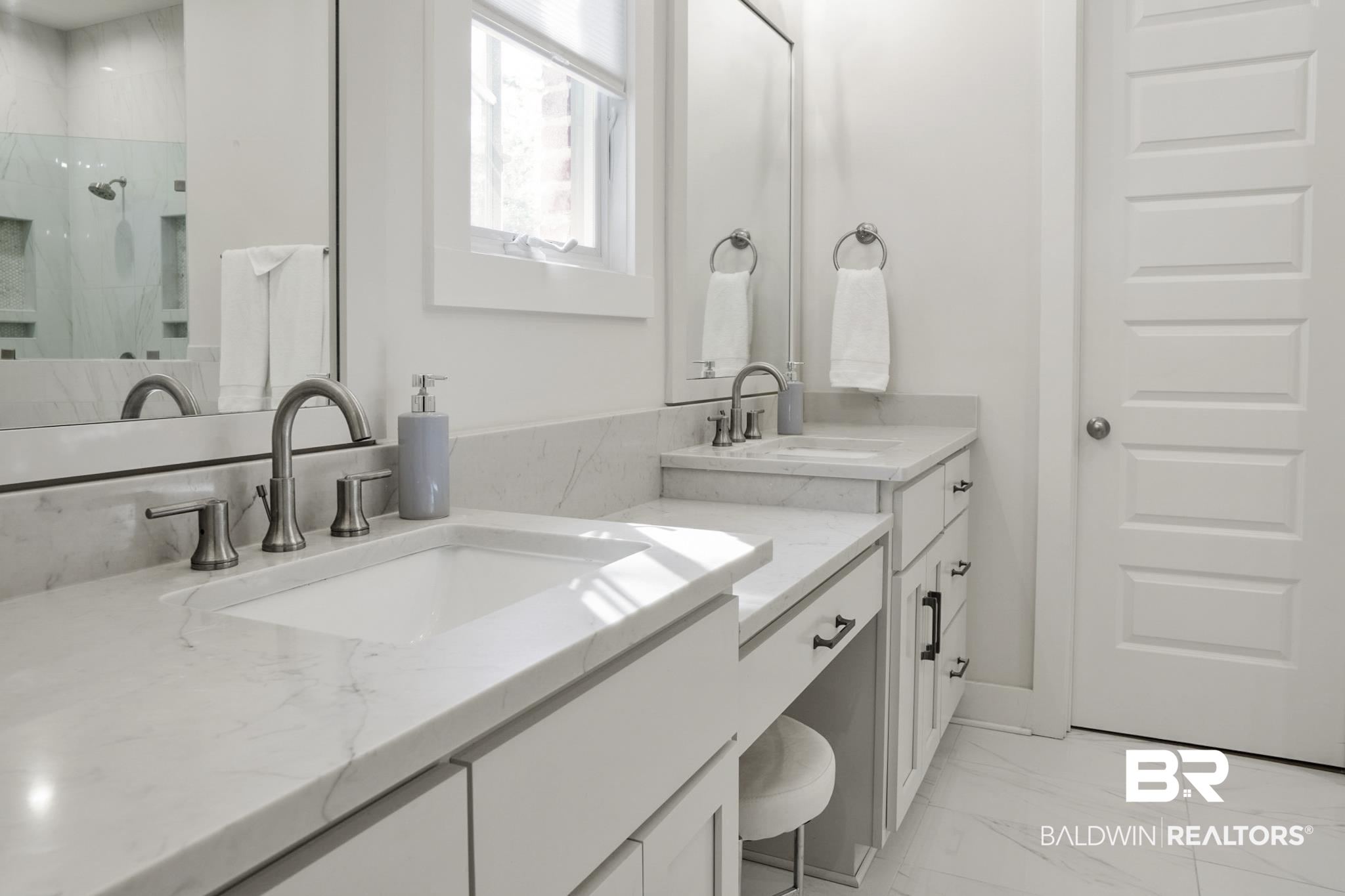 11258 Redfern Road Daphne, AL 36526 - Photo 26 of 44 Full bathroom with two vanities, light marble finish flooring, and a walk in shower