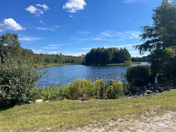 a view of a lake with a yard