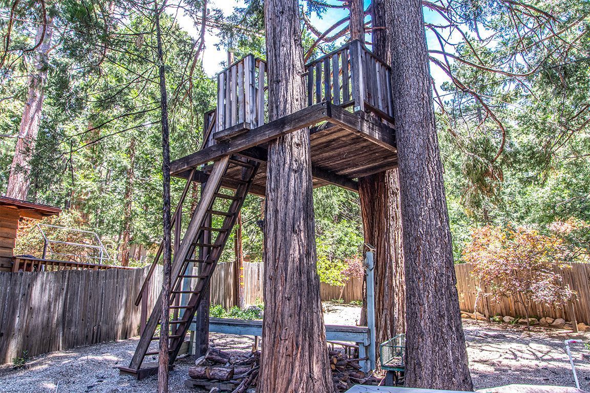 25104 Fern Valley Road Idyllwild, CA 92549 - Photo 40 of 55 a view of a backyard with large trees and wooden fence