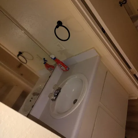 a bathroom with a sink and mirror