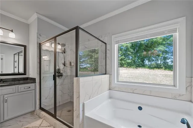a bathroom with a bathtub and a shower