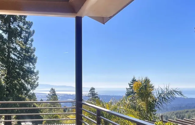 a view of yard with swimming pool and trees in the background