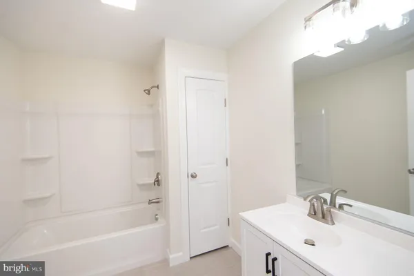 a bathroom with a bathtub a sink and a mirror
