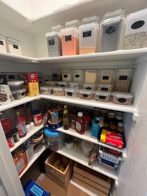 1407 Cartona Road Fate, TX 75087 - Photo 17 of 30 Built-in pantry shelving with white finishes, offering multiple levels of storage and a corner configuration