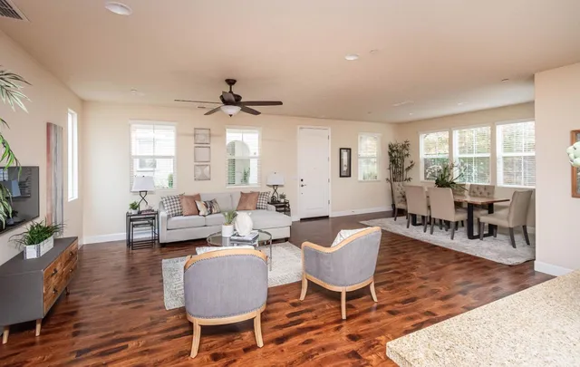 a bedroom with a large bed and a potted plant