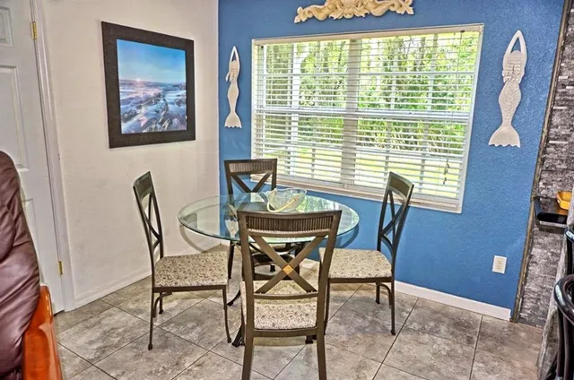 a view of a dining room with furniture window and outside view