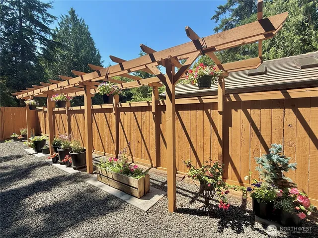 an aerial view of a house with a yard and trees all around