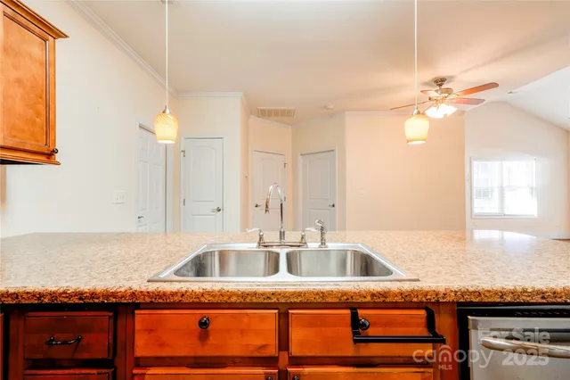 a kitchen with a sink a counter and cabinets