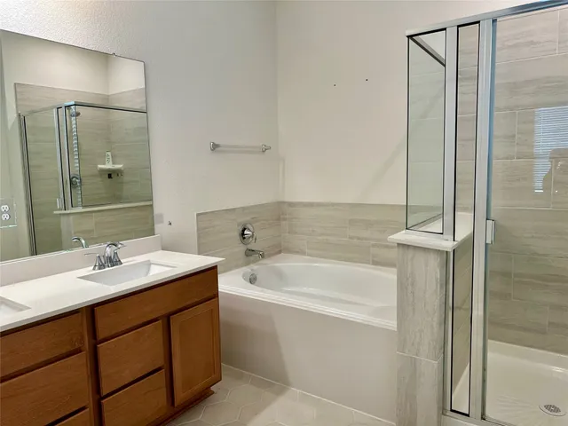 a bathroom with a sink double vanity mirror and a bathtub