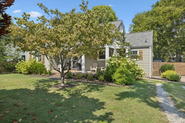 a backyard of a house with plants and large tree