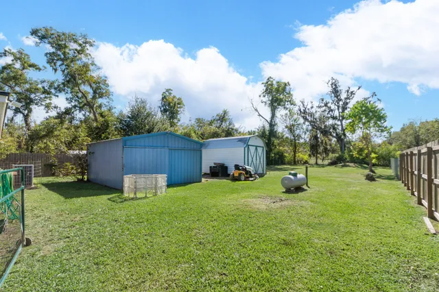 a view of a backyard with plants and large trees