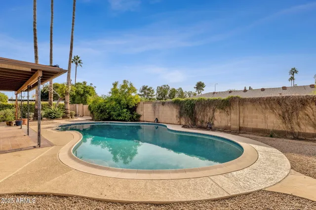 a view of a swimming pool with a yard