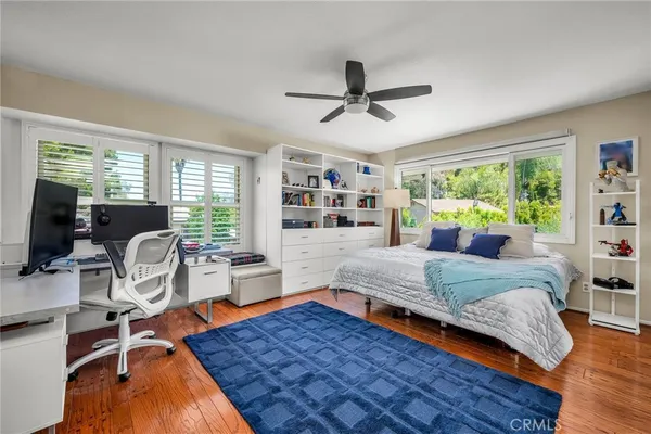 a bedroom with furniture and a wooden floor