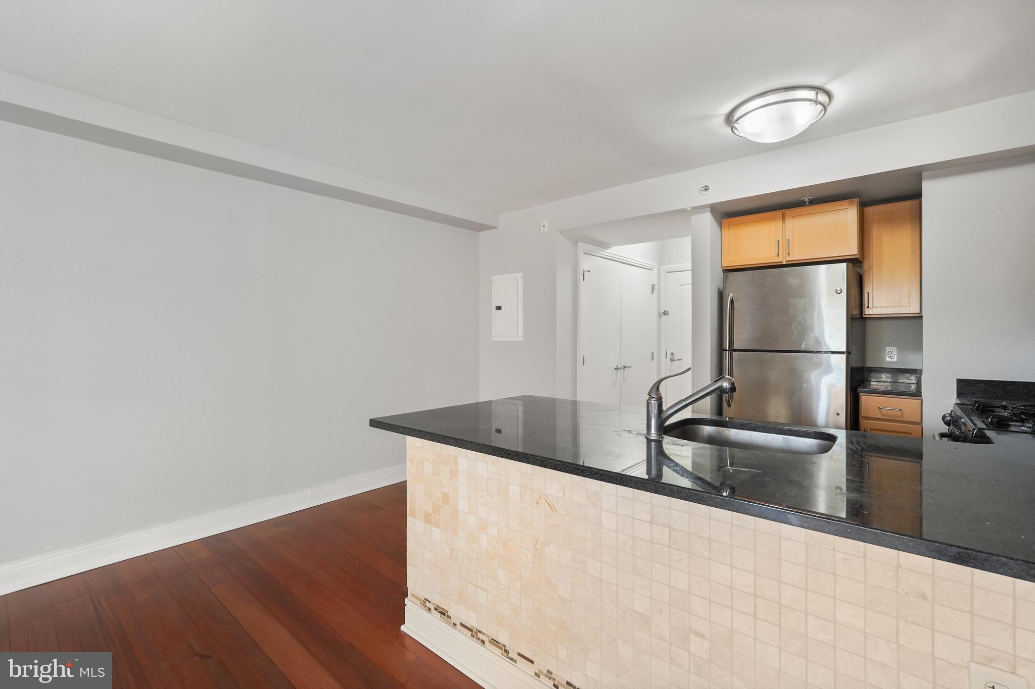 800 4th Street Southwest, Unit N111 Washington, DC 20024 - Photo 9 of 27 a kitchen with granite countertop a sink and stainless steel appliances