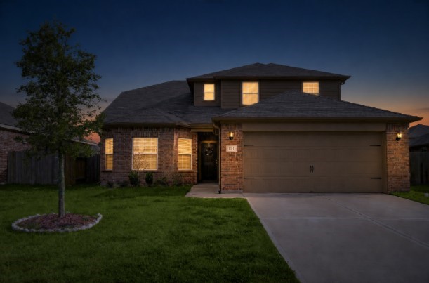 1303 Emerald Stone Drive Rosharon, TX 77583 - Photo 23 of 25 Stunning night-time front elevation showcasing elegant exterior lighting and exceptional curb appeal.