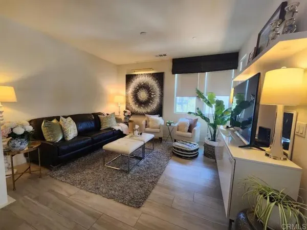 a living room with furniture and a potted plant